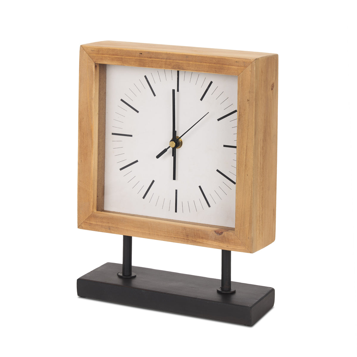 Renaya Light Brown Wood w/ Matte Black Metal Base Table Clock-Table Clocks-DECOROLALA