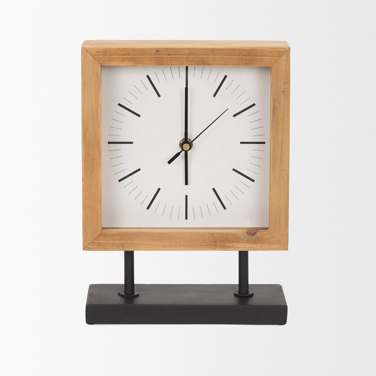 Renaya Light Brown Wood w/ Matte Black Metal Base Table Clock-Table Clocks-DECOROLALA