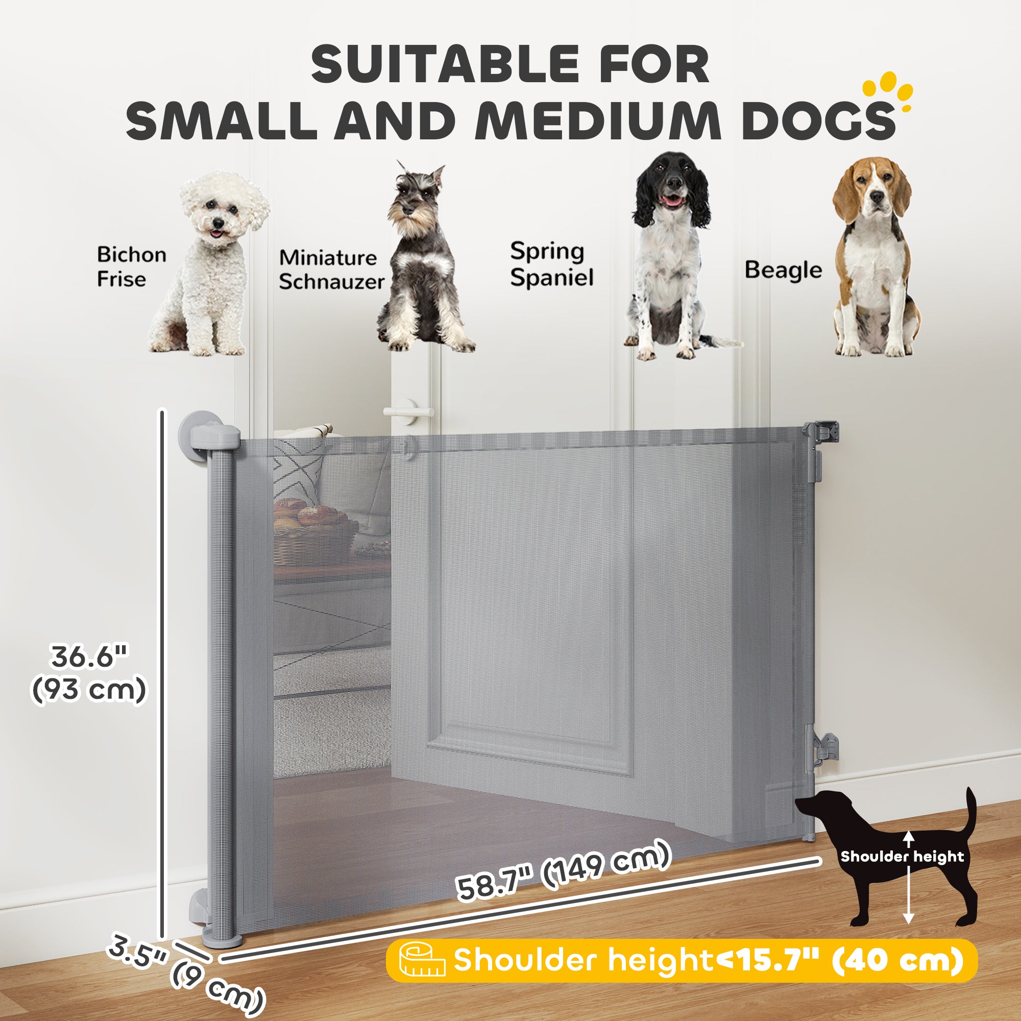 Retractable Dog Gate, 36.6" Tall, Extends to 55" Wide, Mesh Pet Gate with Single Hand Operation, for Stairs, Doorways-Dogs-DECOROLALA