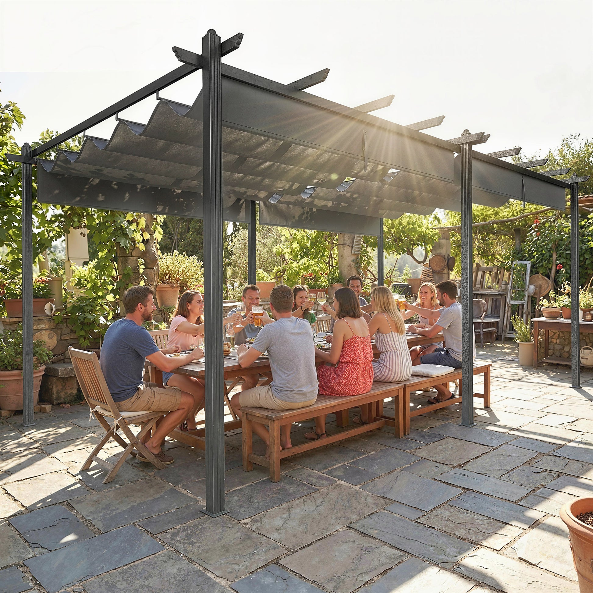 Retractable Pergola Canopy - 11.7' x 19.6' Aluminum Light Gray-DECOROLALA