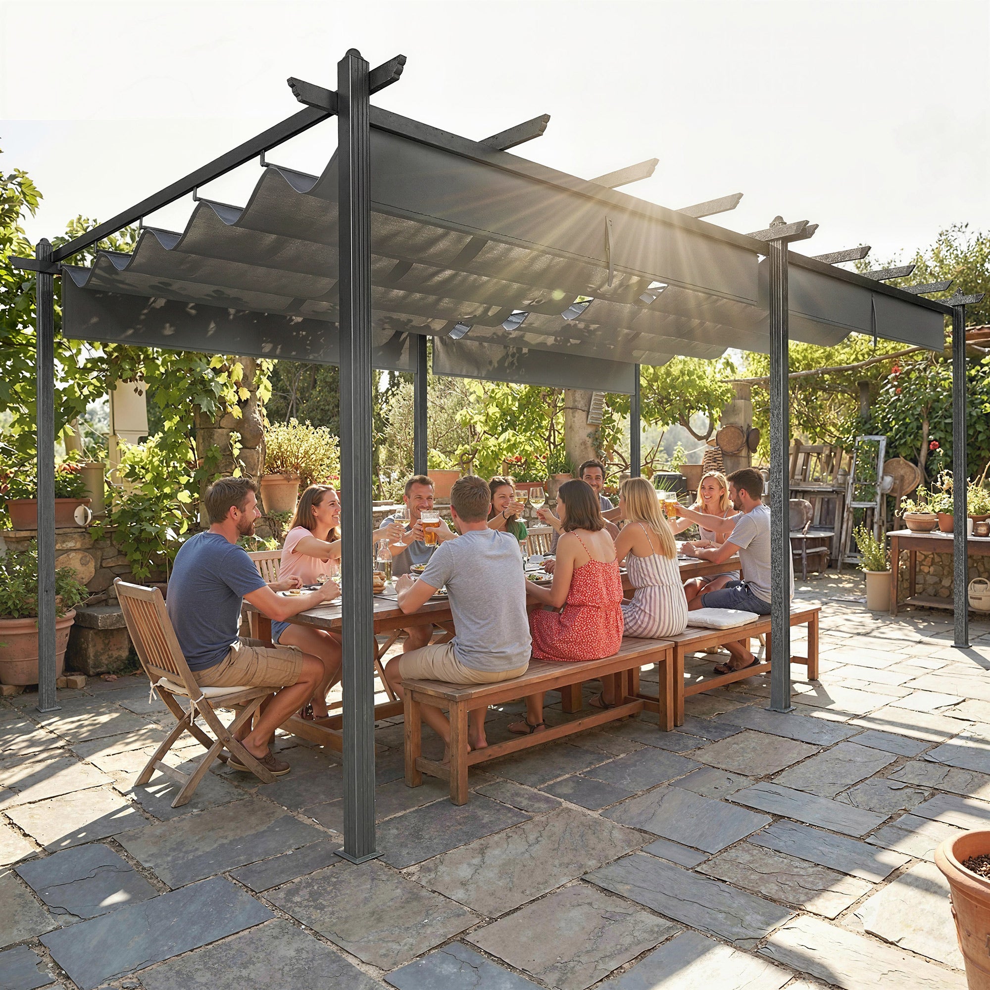Retractable Pergola Canopy - 11.7' x 19.6' Aluminum Light Gray-DECOROLALA