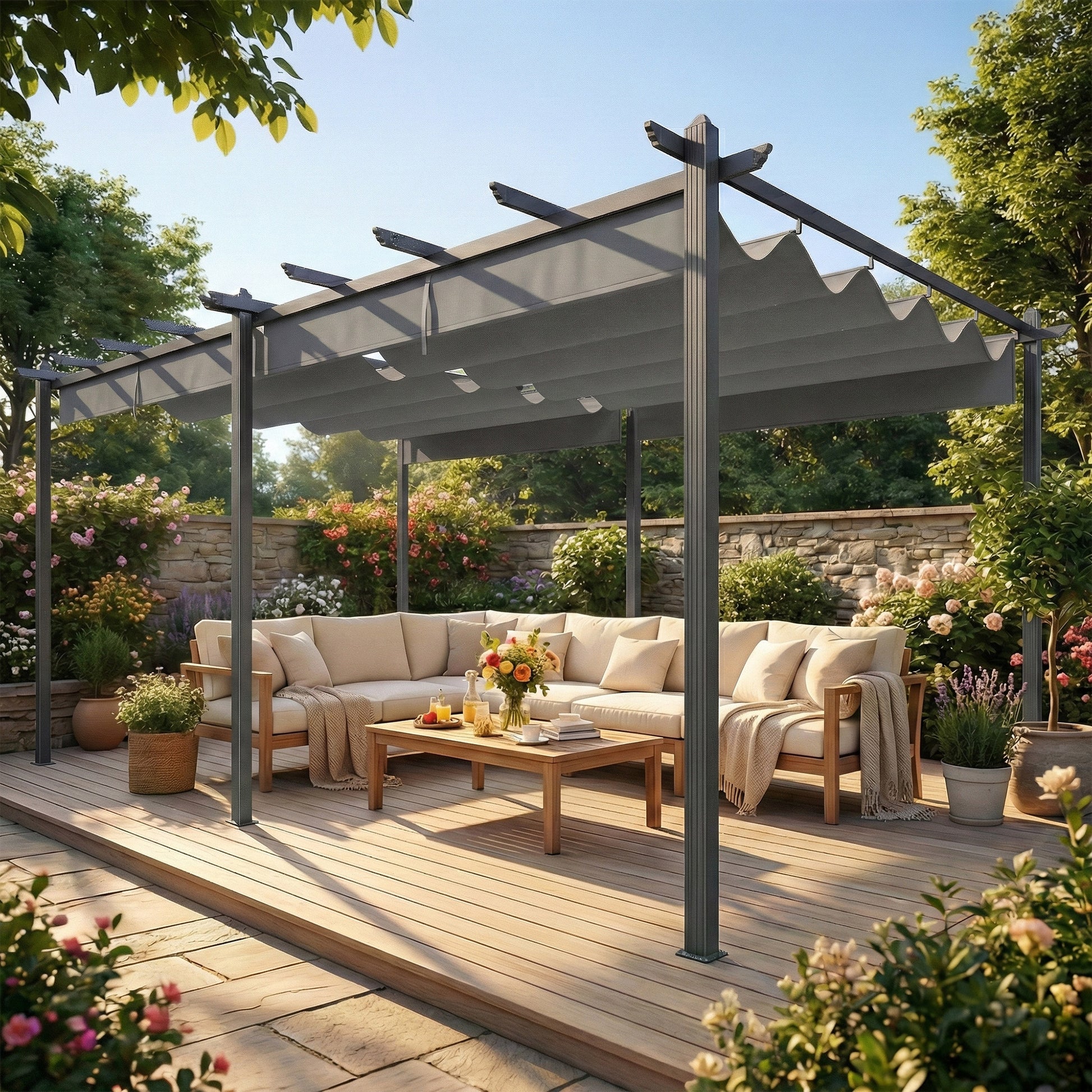 Retractable Pergola Canopy - 11.7' x 19.6' Aluminum Light Gray-DECOROLALA
