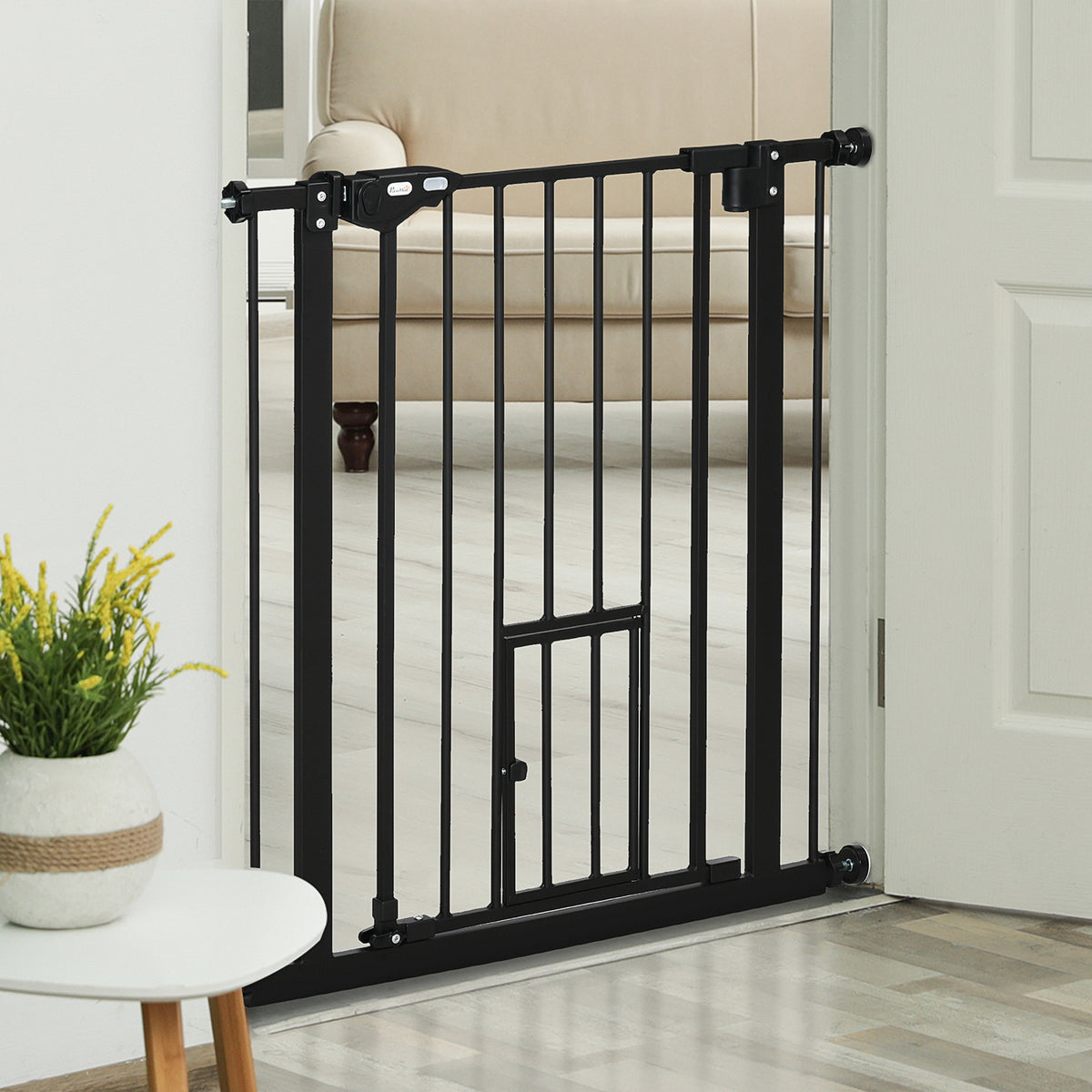 Retractable Pet Gate with Cat Door - Black Steel 29-32" Wide-Dogs-DECOROLALA