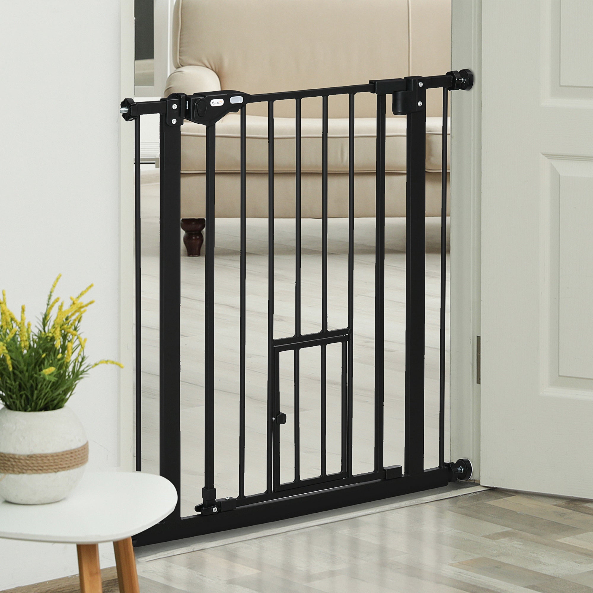 Retractable Pet Gate with Cat Door - Black Steel 29-32" Wide-Dogs-DECOROLALA