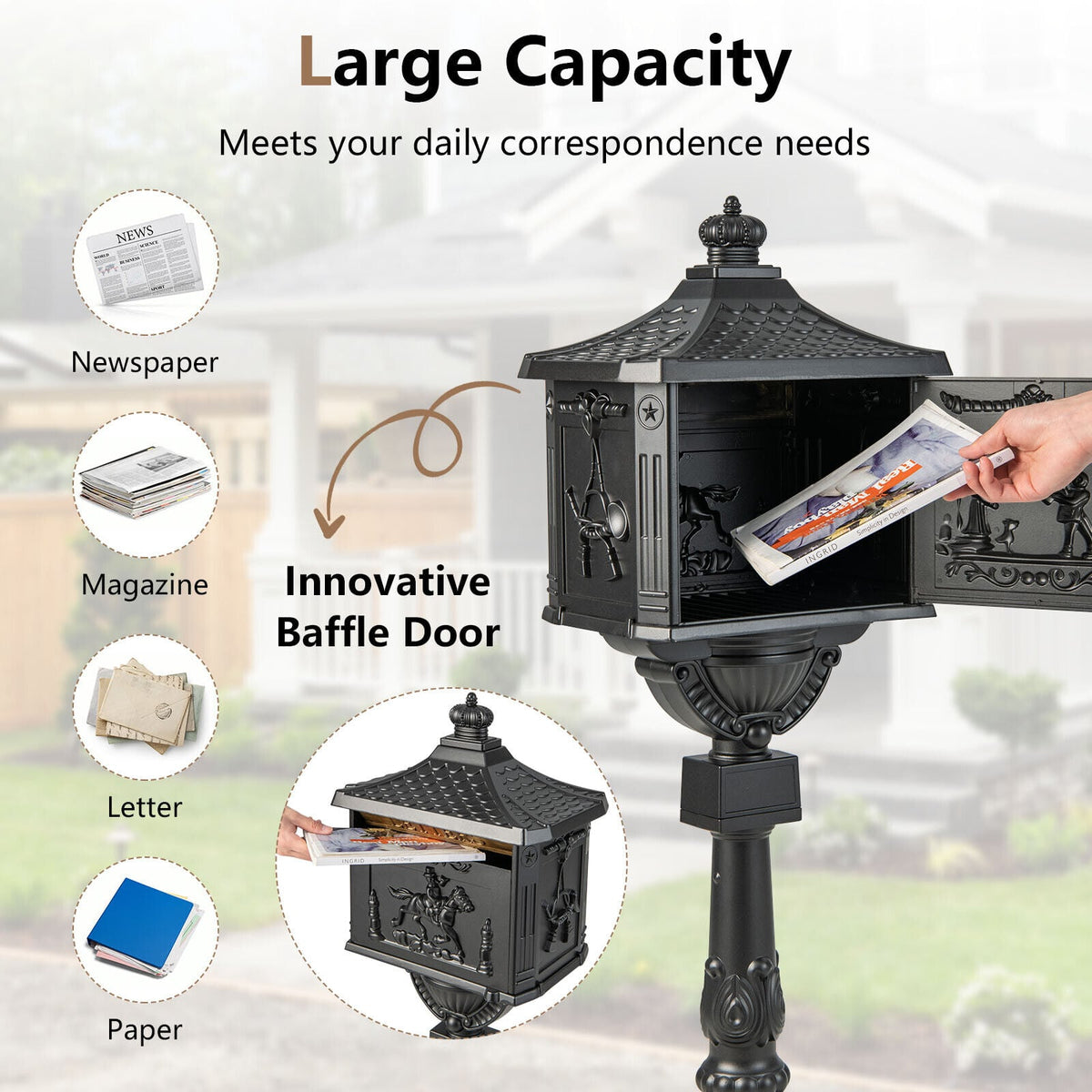 Retro Cast Aluminum Mailbox Security Postal Letter Box with Baffle Door-Black-Outdoor Decor-DECOROLALA