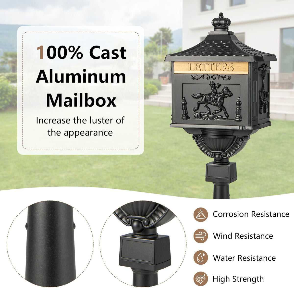 Retro Cast Aluminum Mailbox Security Postal Letter Box with Baffle Door-Black-Outdoor Decor-DECOROLALA