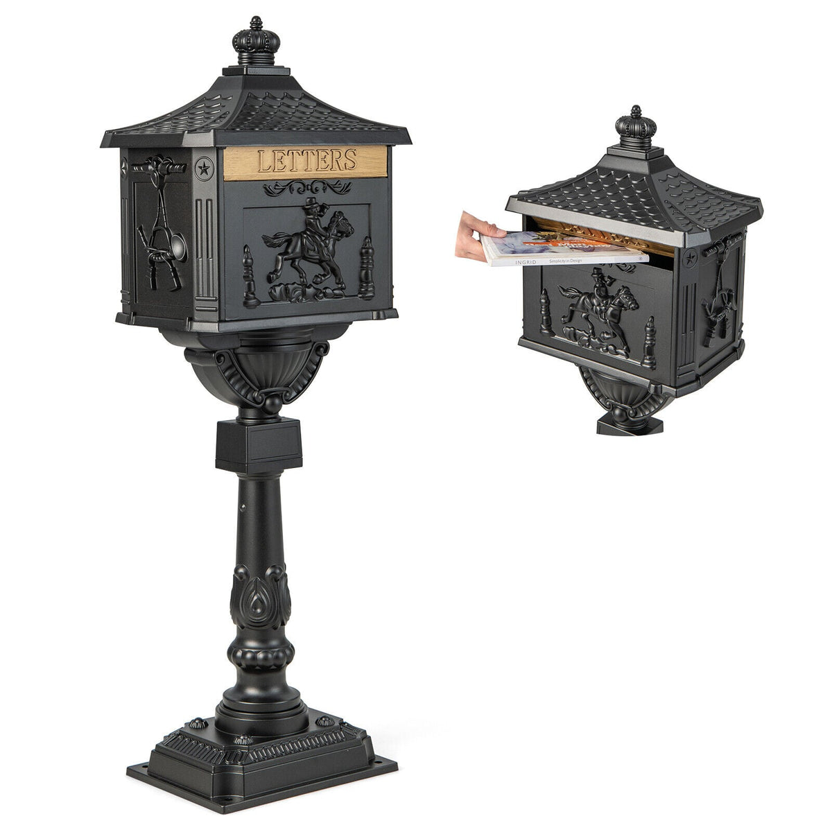 Retro Cast Aluminum Mailbox Security Postal Letter Box with Baffle Door-Black-Outdoor Decor-DECOROLALA
