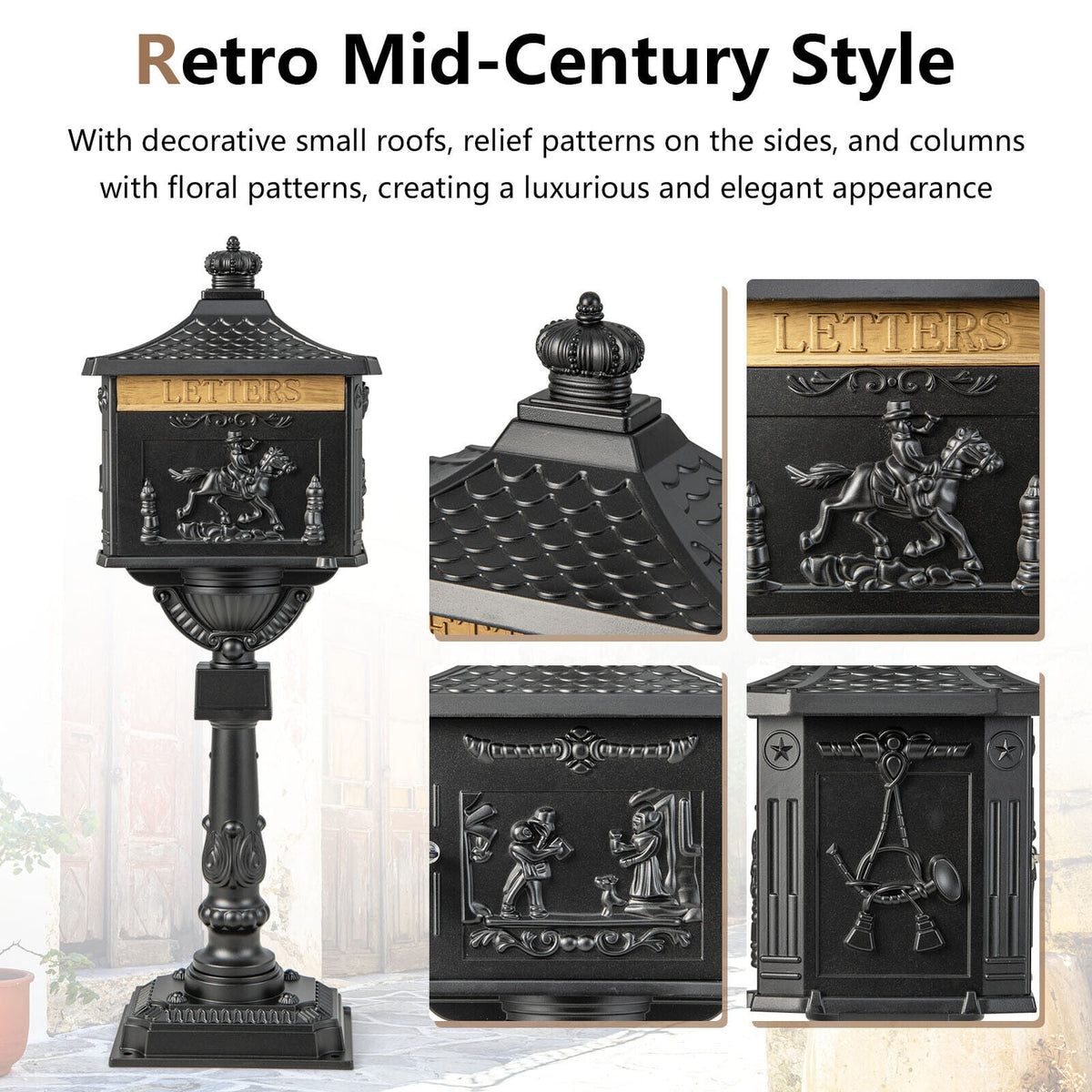 Retro Cast Aluminum Mailbox Security Postal Letter Box with Baffle Door-Black-Outdoor Decor-DECOROLALA