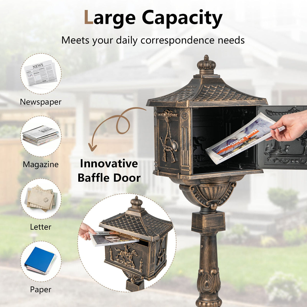 Retro Cast Aluminum Mailbox Security Postal Letter Box with Baffle Door-Bronze-Outdoor Decor-DECOROLALA
