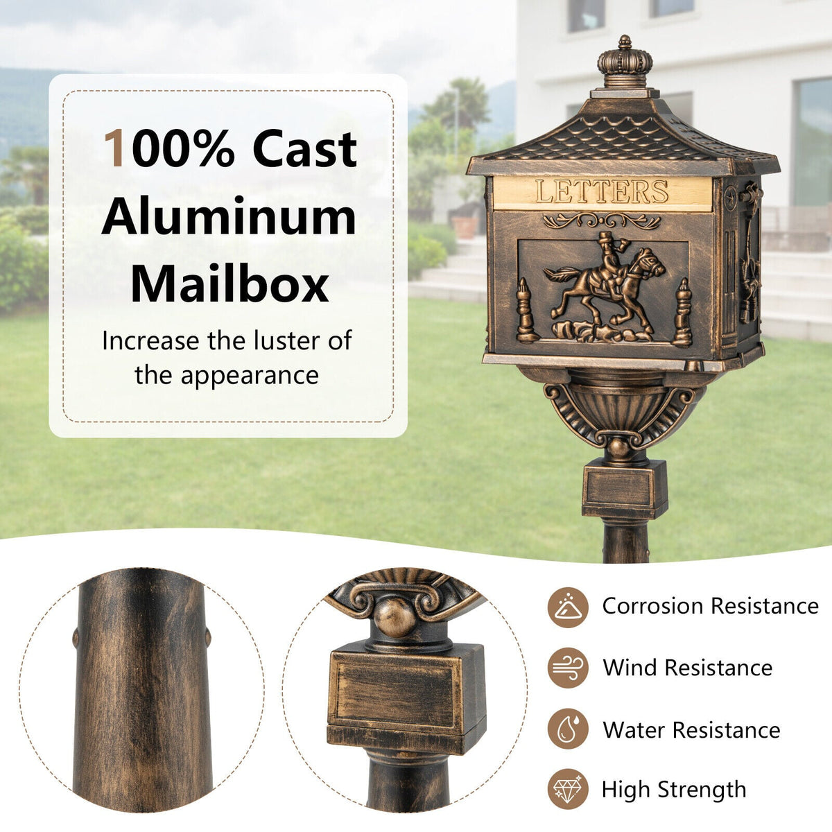 Retro Cast Aluminum Mailbox Security Postal Letter Box with Baffle Door-Bronze-Outdoor Decor-DECOROLALA