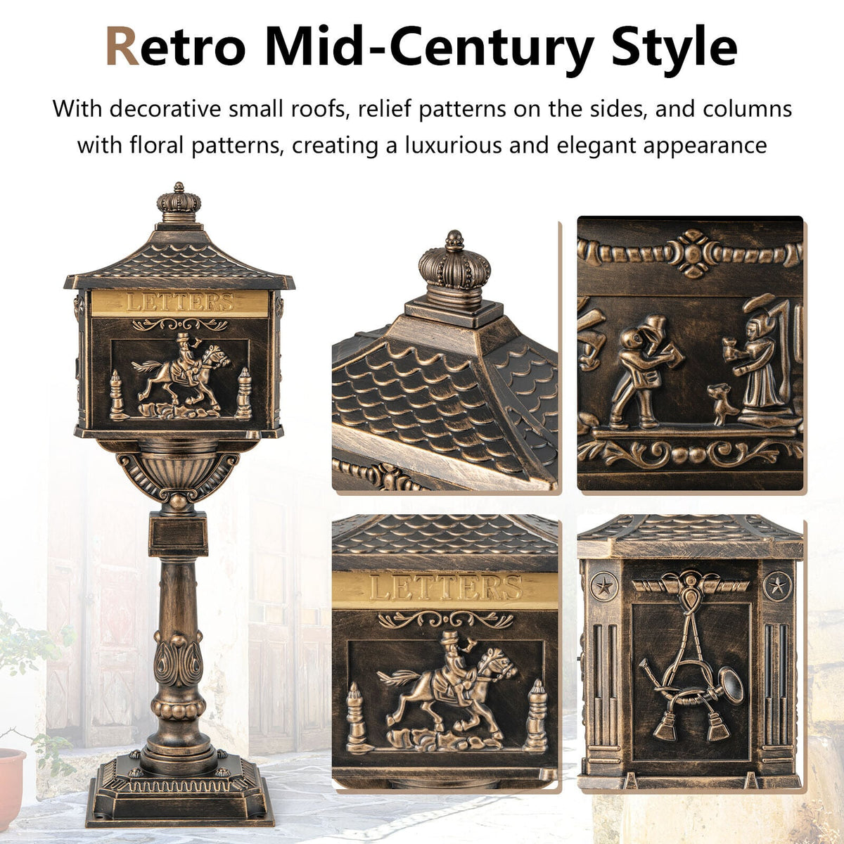 Retro Cast Aluminum Mailbox Security Postal Letter Box with Baffle Door-Bronze-Outdoor Decor-DECOROLALA