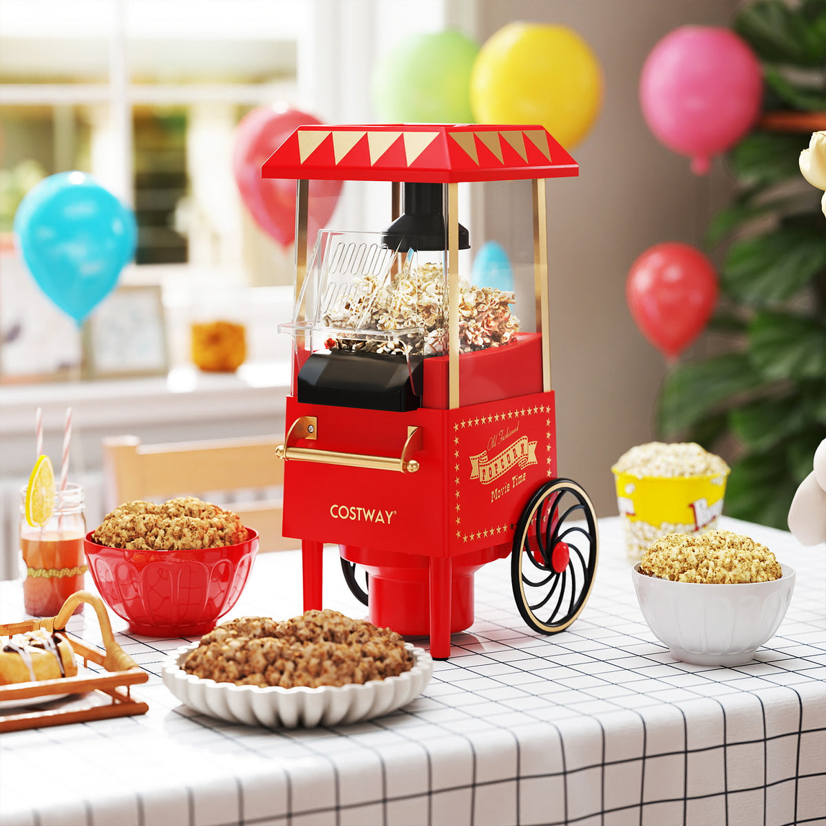 Retro Hot Air Popcorn Maker 1200W with Kernel Measuring Cup-Red-Small Appliances-DECOROLALA