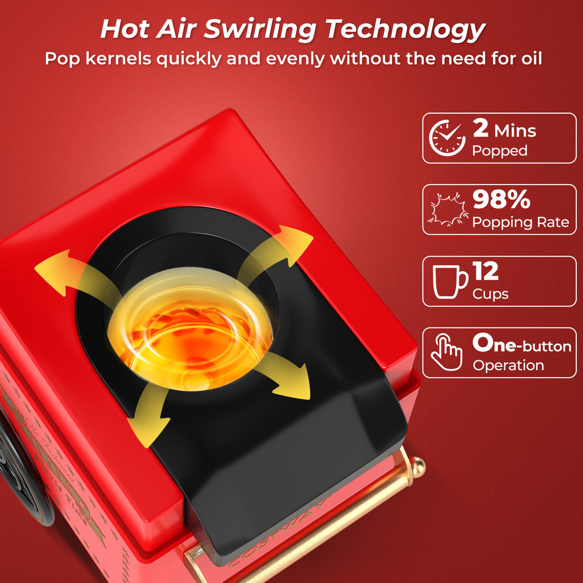 Retro Hot Air Popcorn Maker 1200W with Kernel Measuring Cup-Red-Small Appliances-DECOROLALA