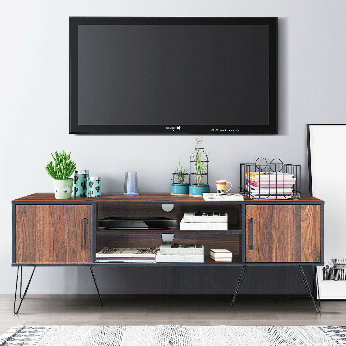 Retro Modern TV Stand with 6 Metal Legs for TVs up to 65 Inch with 2 Cable Holes-Entertainment Centers & TV Stands-DECOROLALA
