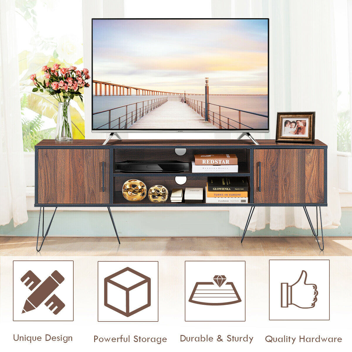 Retro Modern TV Stand with 6 Metal Legs for TVs up to 65 Inch with 2 Cable Holes-Entertainment Centers & TV Stands-DECOROLALA