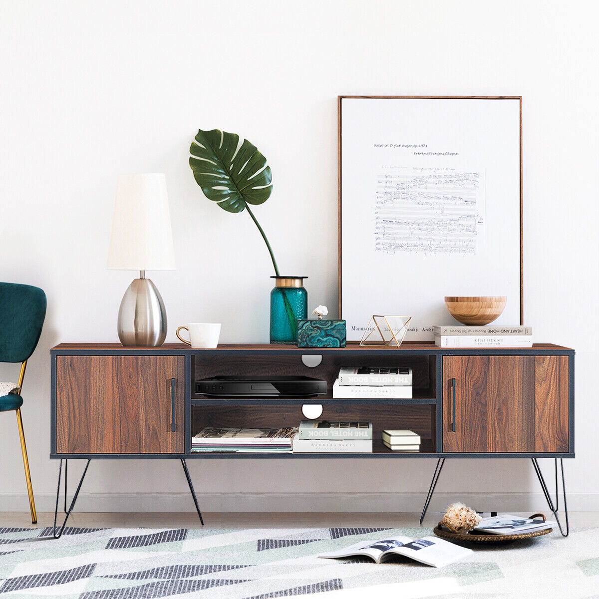 Retro Modern TV Stand with 6 Metal Legs for TVs up to 65 Inch with 2 Cable Holes-Entertainment Centers & TV Stands-DECOROLALA