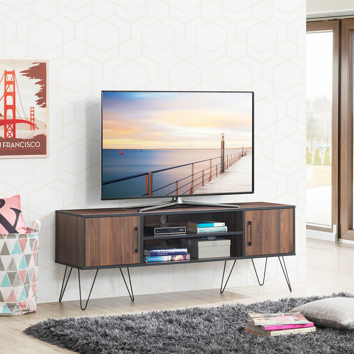 Retro Modern TV Stand with 6 Metal Legs for TVs up to 65 Inch with 2 Cable Holes-Entertainment Centers & TV Stands-DECOROLALA