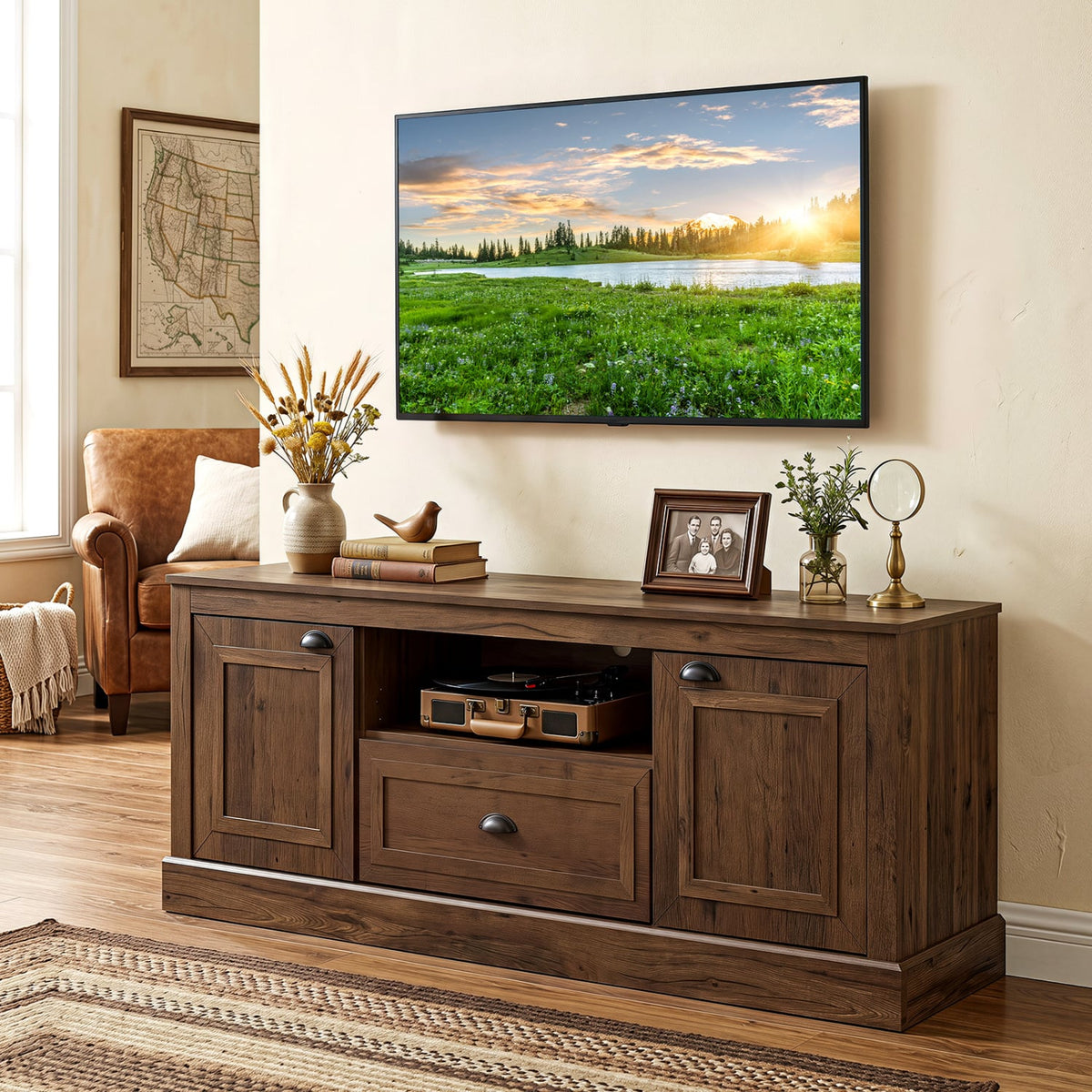 Retro Farmhouse TV Stand for 70" TVs with 2 Doors & Removable Shelves-Brown-Entertainment Centers & TV Stands-DECOROLALA