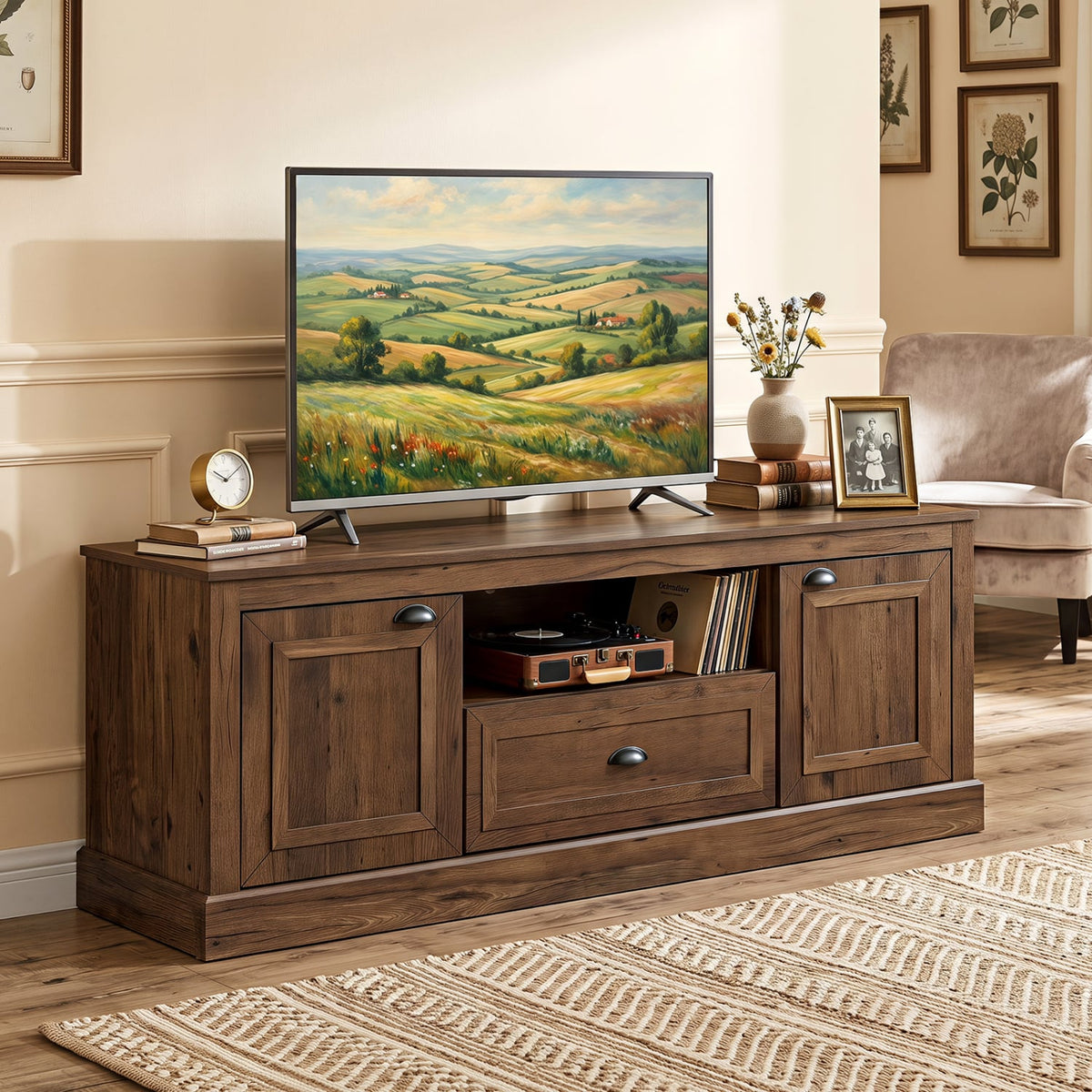 Retro Farmhouse TV Stand for 70" TVs with 2 Doors & Removable Shelves-Brown-Entertainment Centers & TV Stands-DECOROLALA
