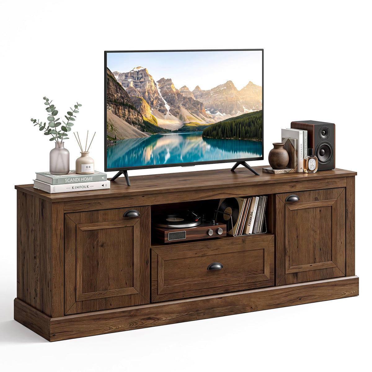Retro Farmhouse TV Stand for 70" TVs with 2 Doors & Removable Shelves-Brown-Entertainment Centers & TV Stands-DECOROLALA
