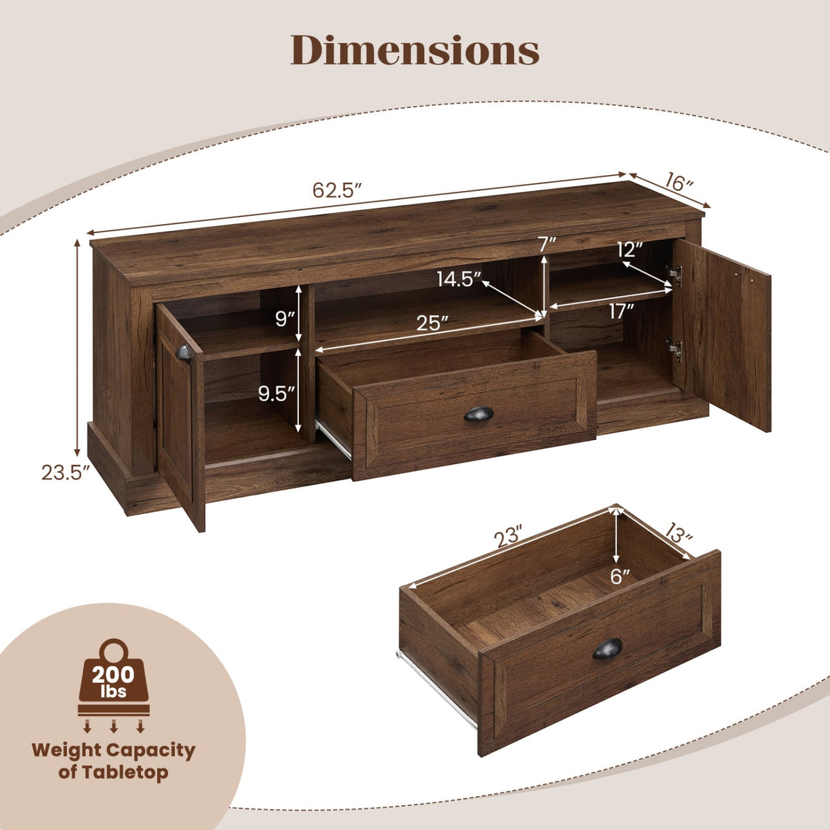 Retro Farmhouse TV Stand for 70" TVs with 2 Doors & Removable Shelves-Brown-Entertainment Centers & TV Stands-DECOROLALA