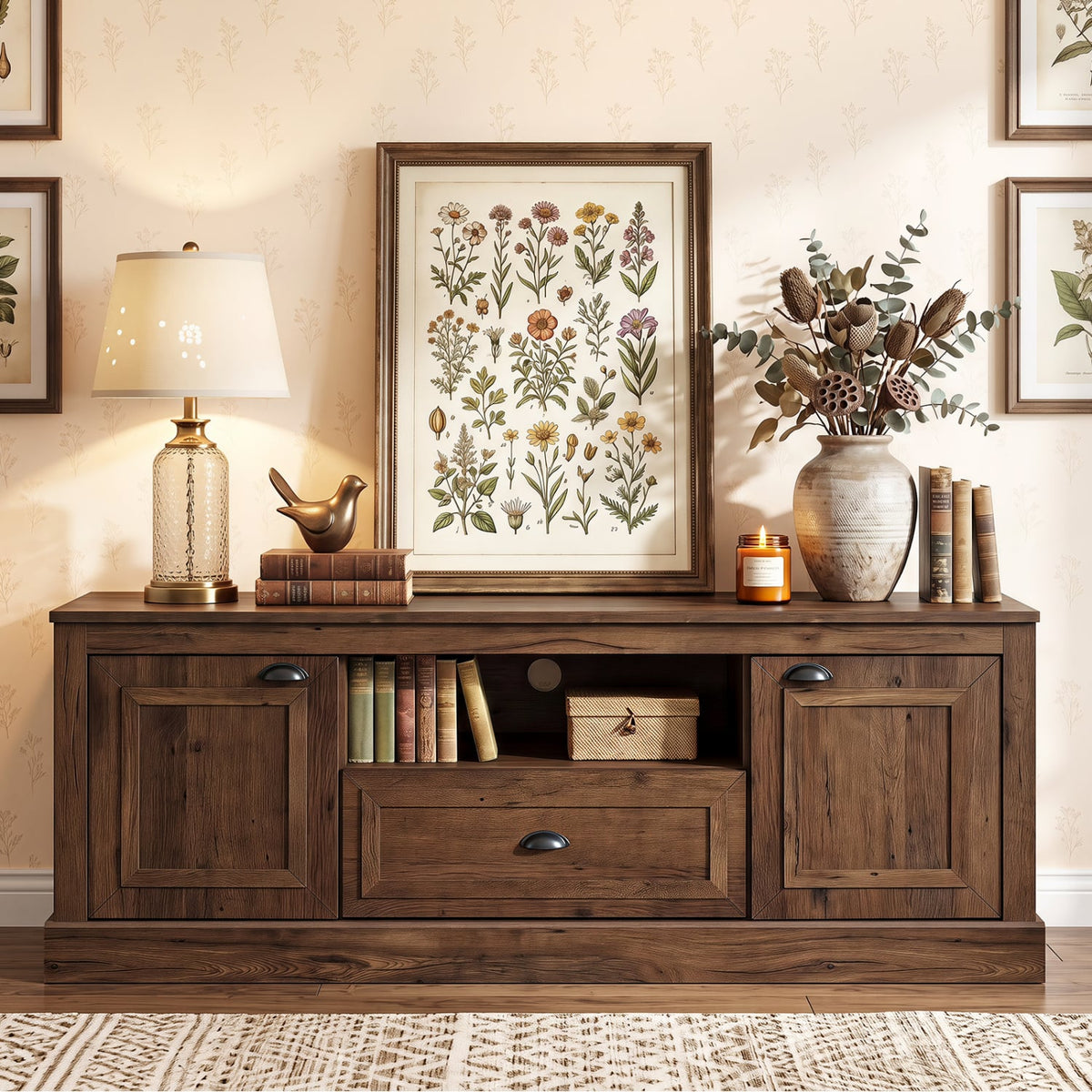 Retro Farmhouse TV Stand for 70" TVs with 2 Doors & Removable Shelves-Brown-Entertainment Centers & TV Stands-DECOROLALA