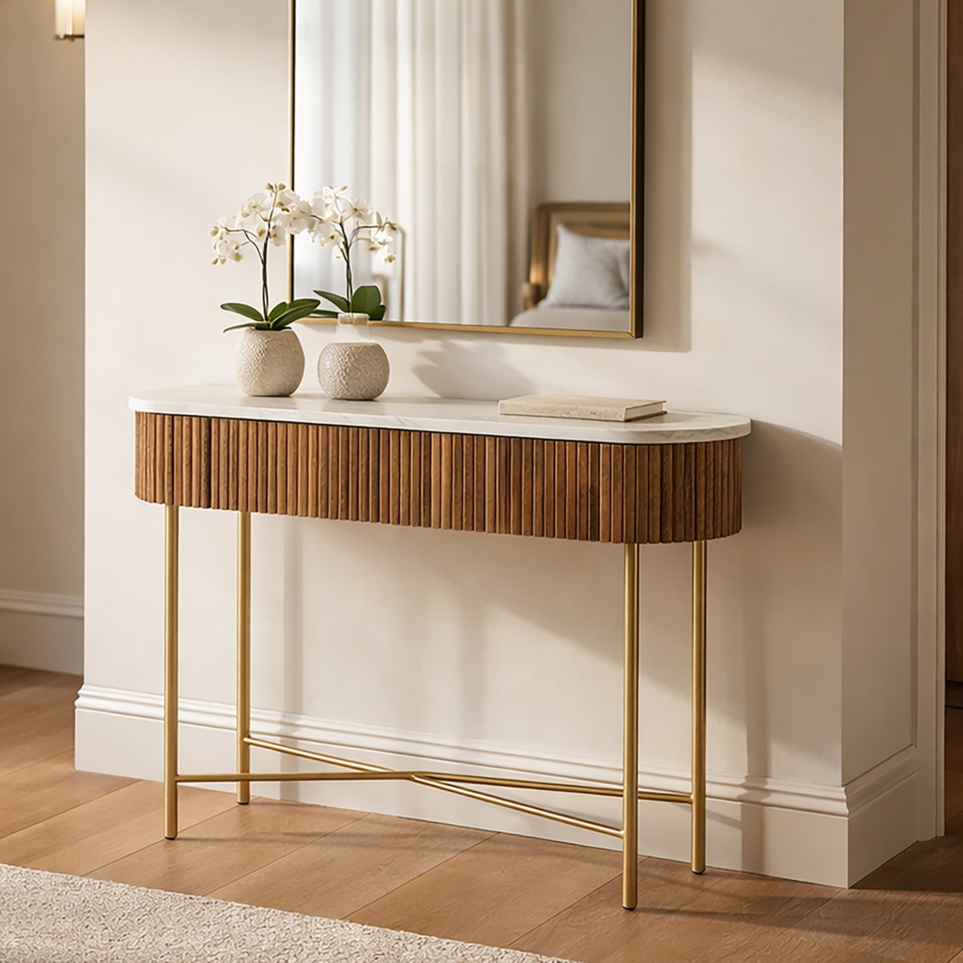 Reyna Console Table - Walnut Solid Mango Wood 2-Drawer-Console Table-DECOROLALA