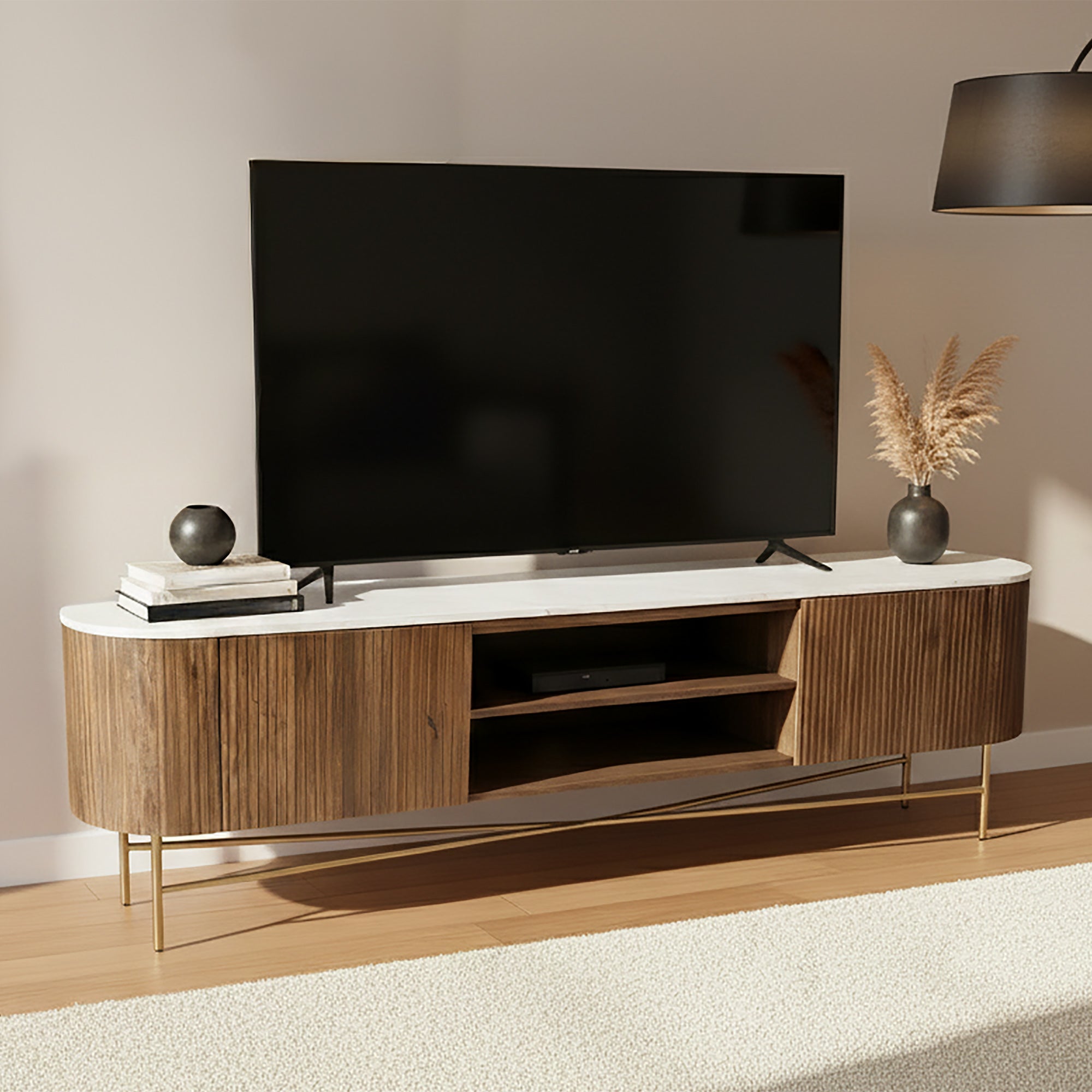 Reyna Media Cabinet - Walnut Mango Wood with Marble Top-Cabinets-DECOROLALA