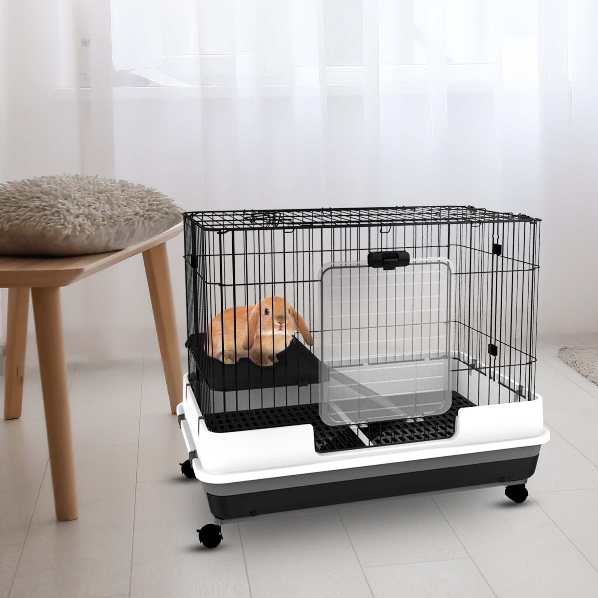 28"H Guinea Pig Cage, 2-Level Rabbit Cage for Ferret, Chinchilla, Hedghog, Bunny, Small Animal Habitat with Wheels, Slide-out Tray, Ramp, Black
