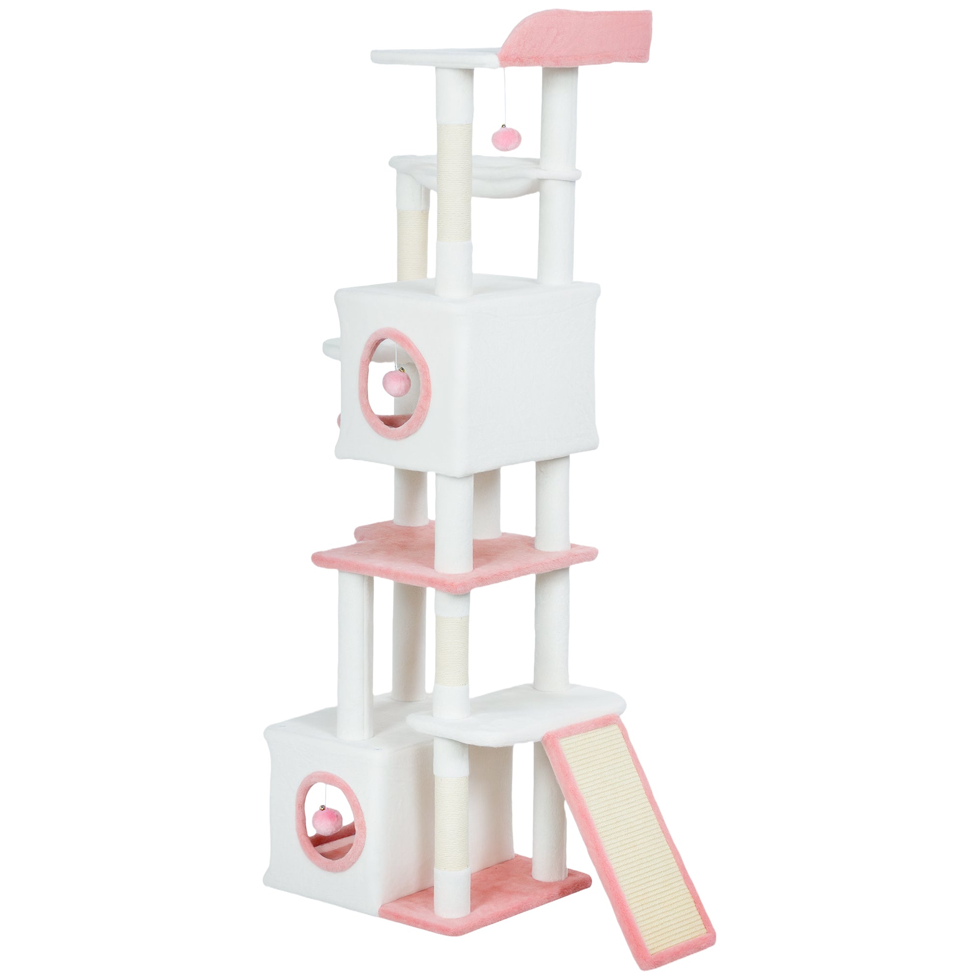 Arbre à chat de 65 pouces avec 2 niches fermées, perchoir supérieur moelleux, hamac, poteaux à griffer en sisal, 4 pompons, rampe, blanc