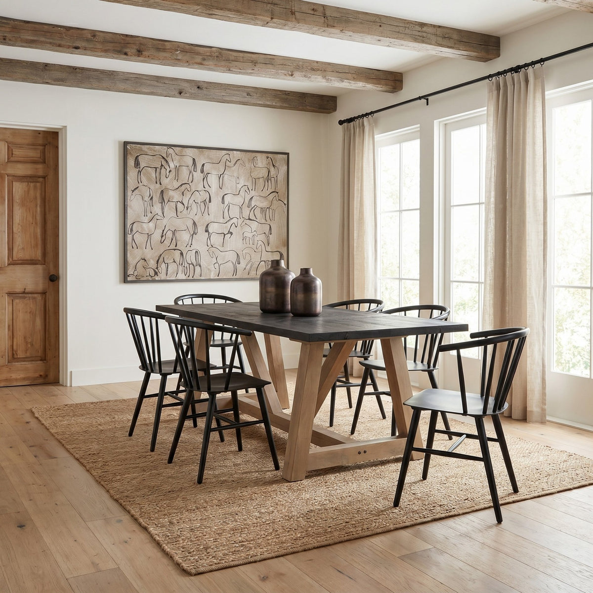 Rialto 84"L x 42"W Rectangular Trestle Dining Table | Black-Brown Wood & Light Brown Wood | Seats 8-Dining Tables-DECOROLALA