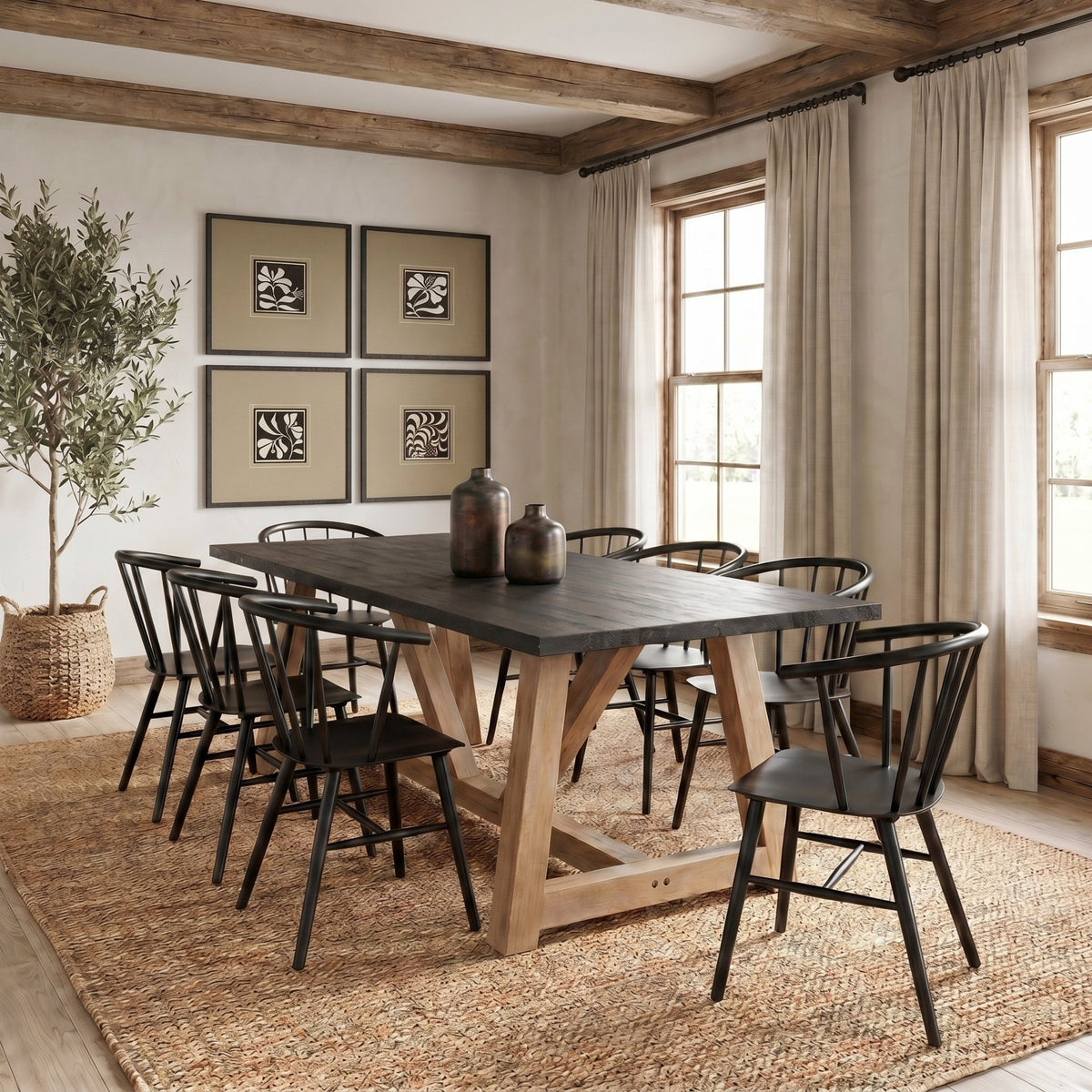 Rialto 96"L x 42"W Trestle Dining Table | Modern | Black-Brown Wood & Light Brown Wood | Seats 8-Dining Tables-DECOROLALA