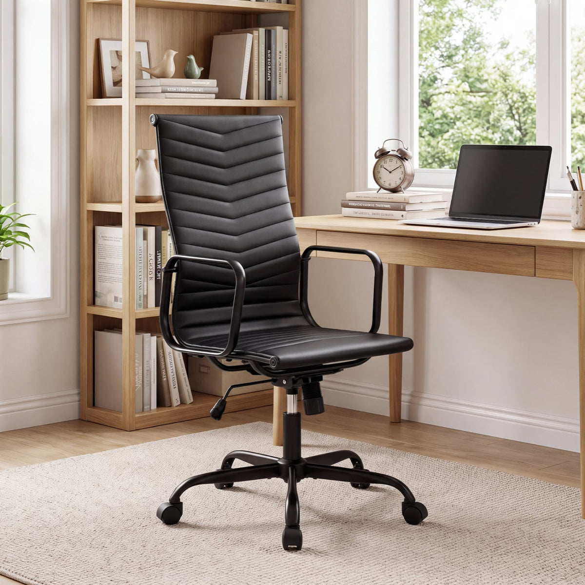 Ribbed Office Chair High Back PU Leather for Home Office with Adjustable Height-Black-Office Chairs-DECOROLALA