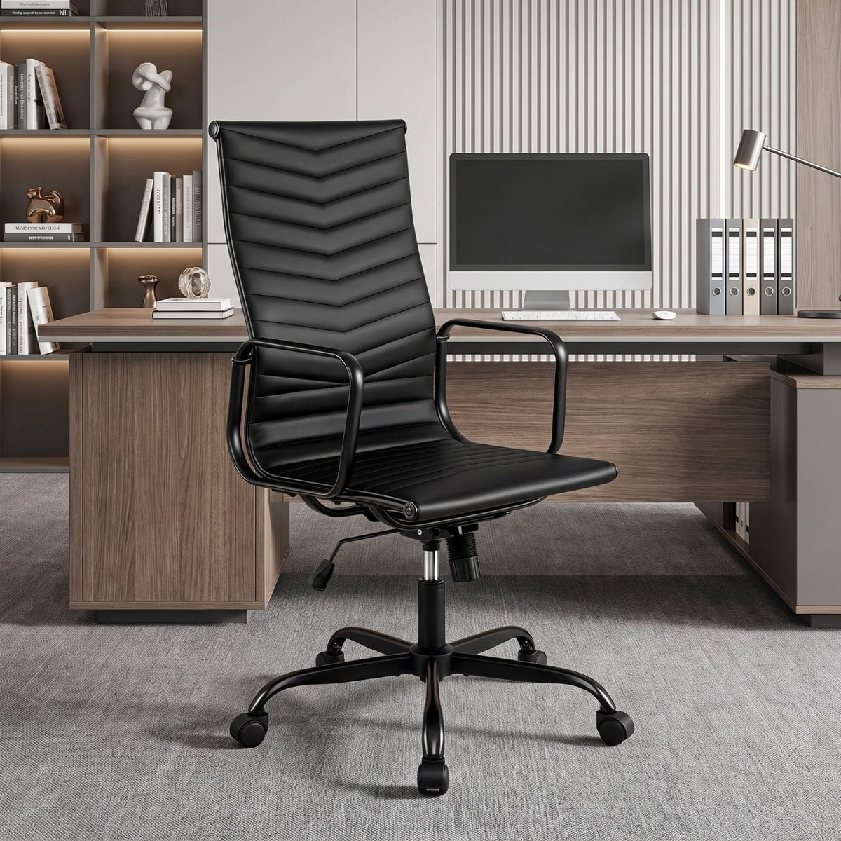 Ribbed Office Chair High Back PU Leather for Home Office with Adjustable Height-Black-Office Chairs-DECOROLALA