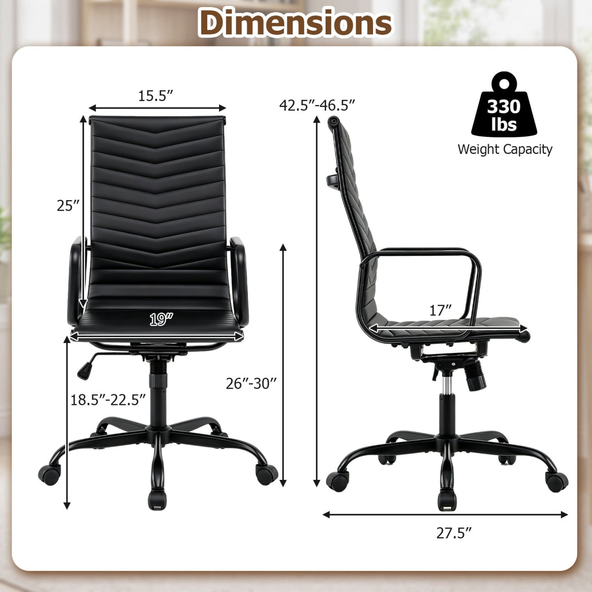 Ribbed Office Chair High Back PU Leather for Home Office with Adjustable Height-Black-Office Chairs-DECOROLALA