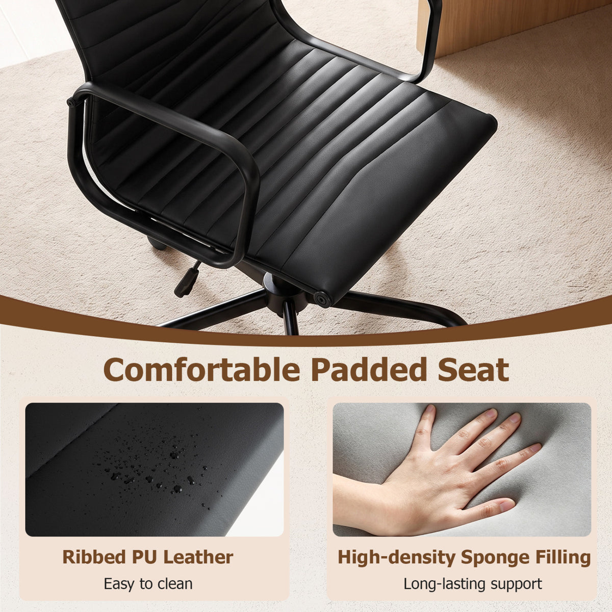 Ribbed Office Chair High Back PU Leather for Home Office with Adjustable Height-Black-Office Chairs-DECOROLALA