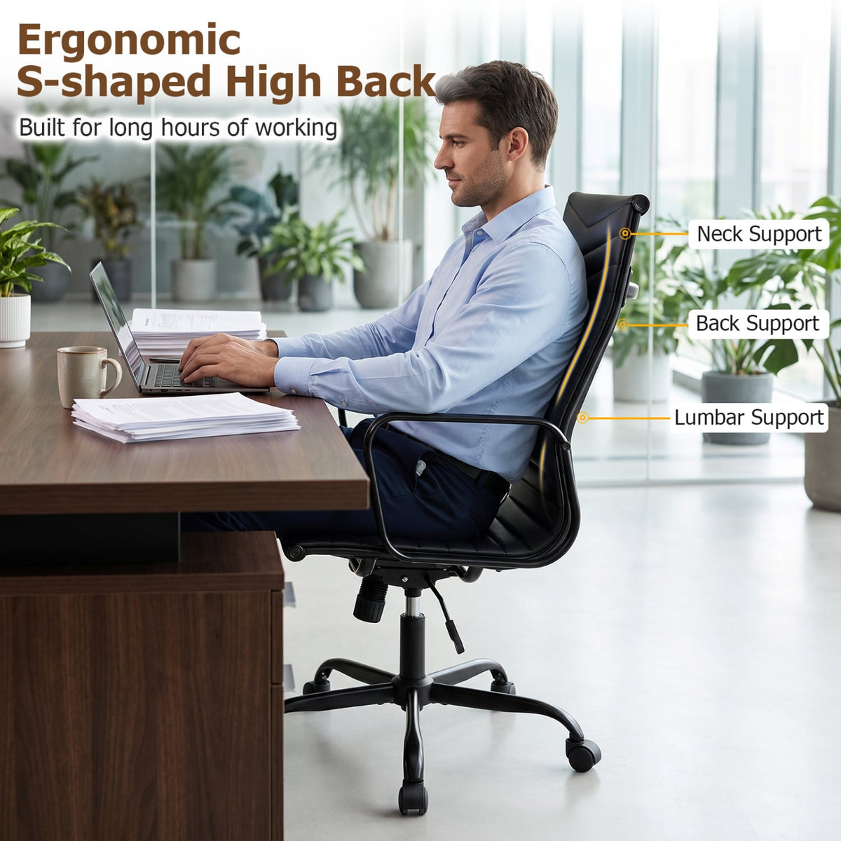 Ribbed Office Chair High Back PU Leather for Home Office with Adjustable Height-Black-Office Chairs-DECOROLALA