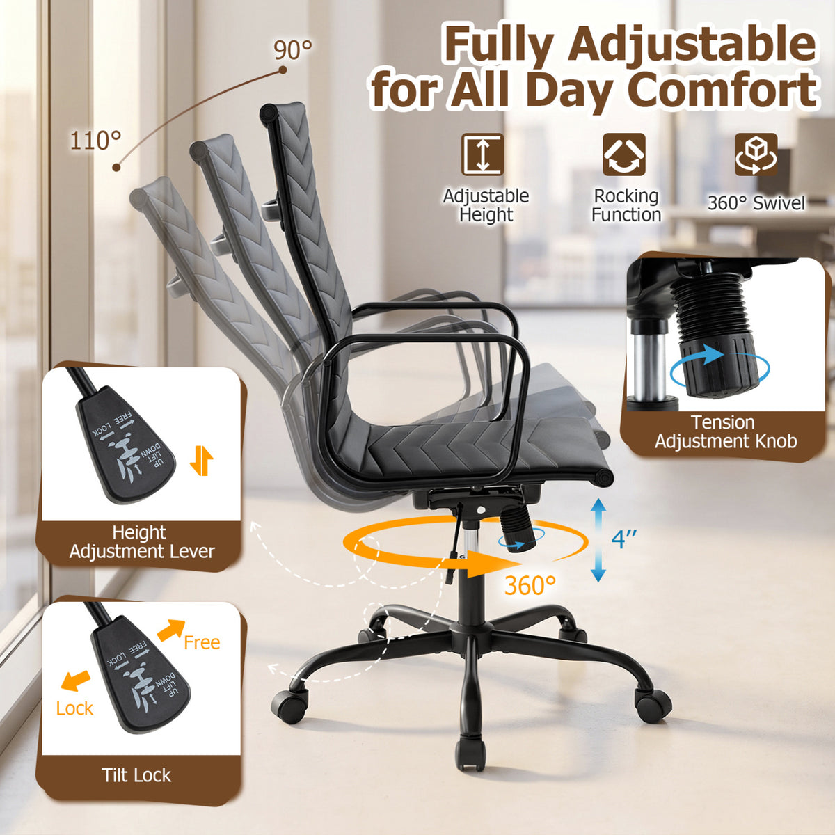 Ribbed Office Chair High Back PU Leather for Home Office with Adjustable Height-Black-Office Chairs-DECOROLALA