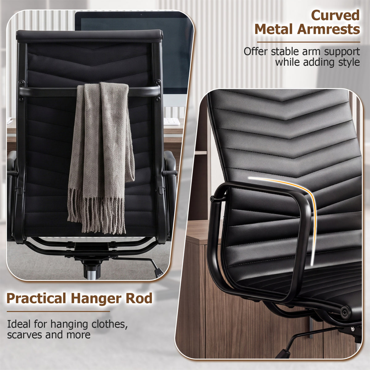 Ribbed Office Chair High Back PU Leather for Home Office with Adjustable Height-Black-Office Chairs-DECOROLALA