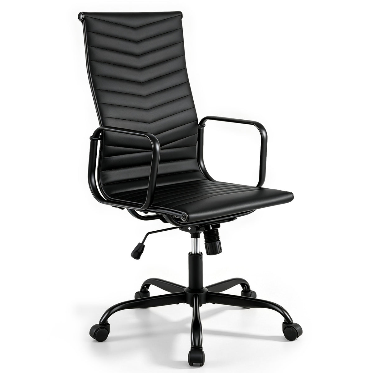 Ribbed Office Chair High Back PU Leather for Home Office with Adjustable Height-Black-Office Chairs-DECOROLALA