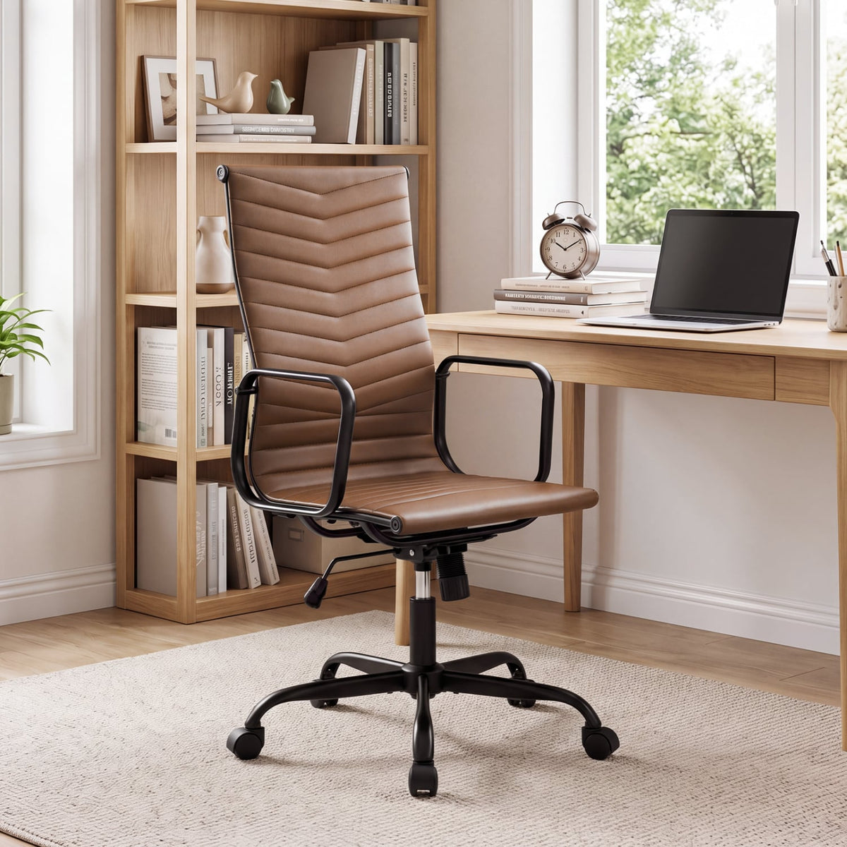 Ribbed Office Chair High Back PU Leather for Home Office with Adjustable Height-Brown-Office Chairs-DECOROLALA