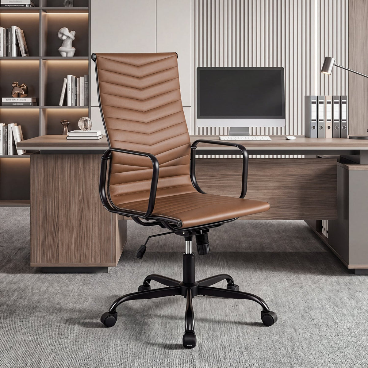 Ribbed Office Chair High Back PU Leather for Home Office with Adjustable Height-Brown-Office Chairs-DECOROLALA