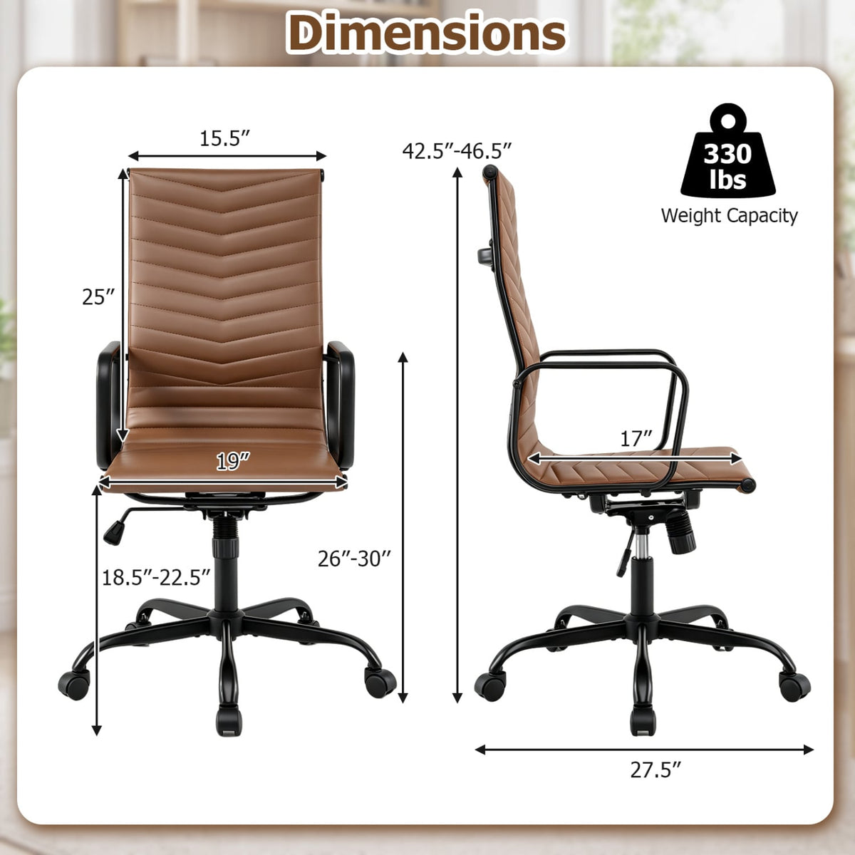 Ribbed Office Chair High Back PU Leather for Home Office with Adjustable Height-Brown-Office Chairs-DECOROLALA
