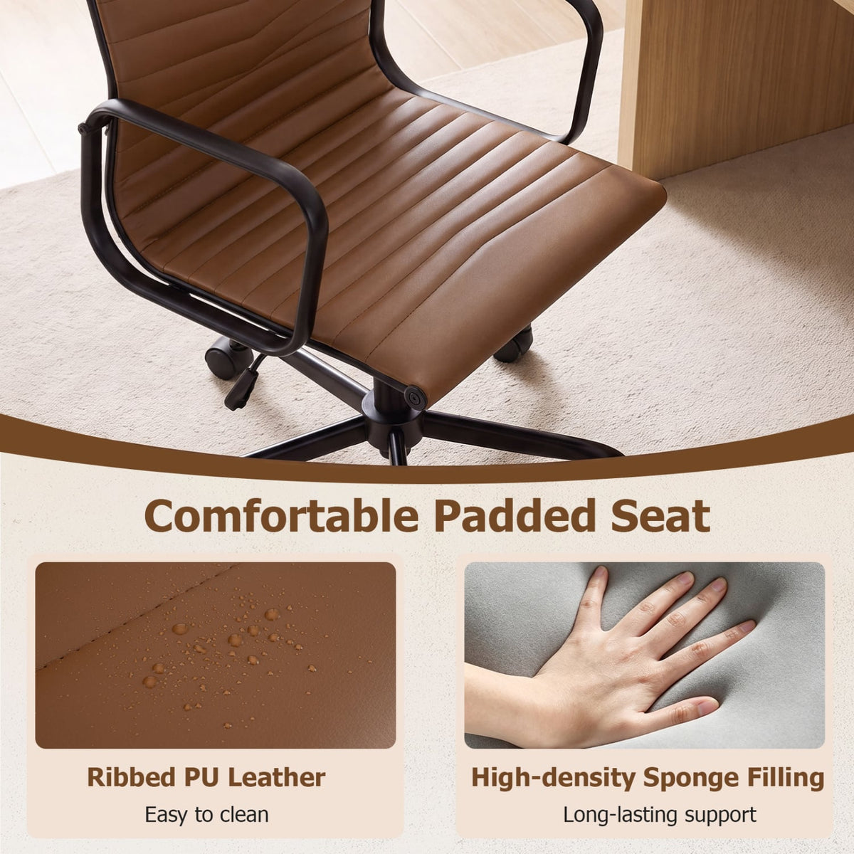 Ribbed Office Chair High Back PU Leather for Home Office with Adjustable Height-Brown-Office Chairs-DECOROLALA