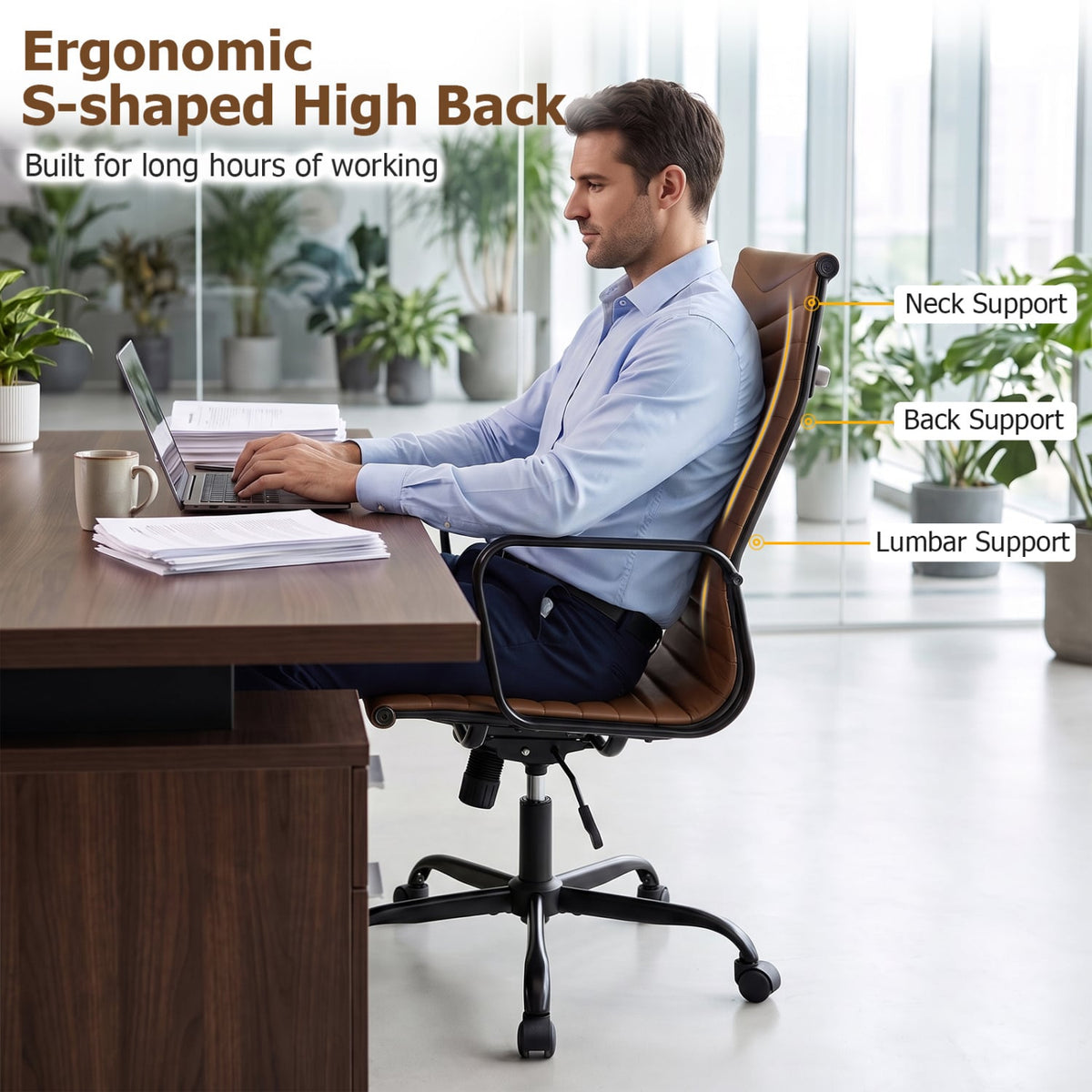 Ribbed Office Chair High Back PU Leather for Home Office with Adjustable Height-Brown-Office Chairs-DECOROLALA