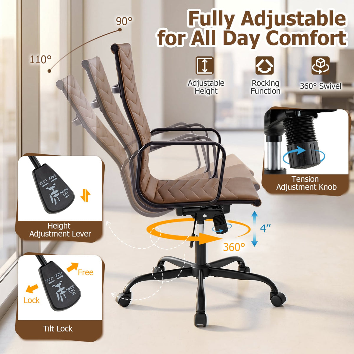 Ribbed Office Chair High Back PU Leather for Home Office with Adjustable Height-Brown-Office Chairs-DECOROLALA