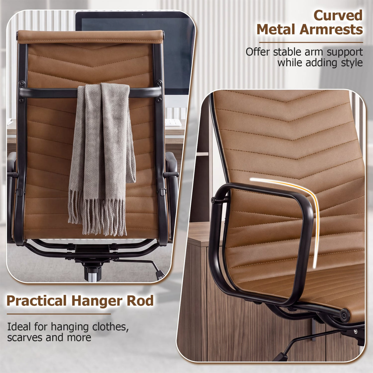 Ribbed Office Chair High Back PU Leather for Home Office with Adjustable Height-Brown-Office Chairs-DECOROLALA