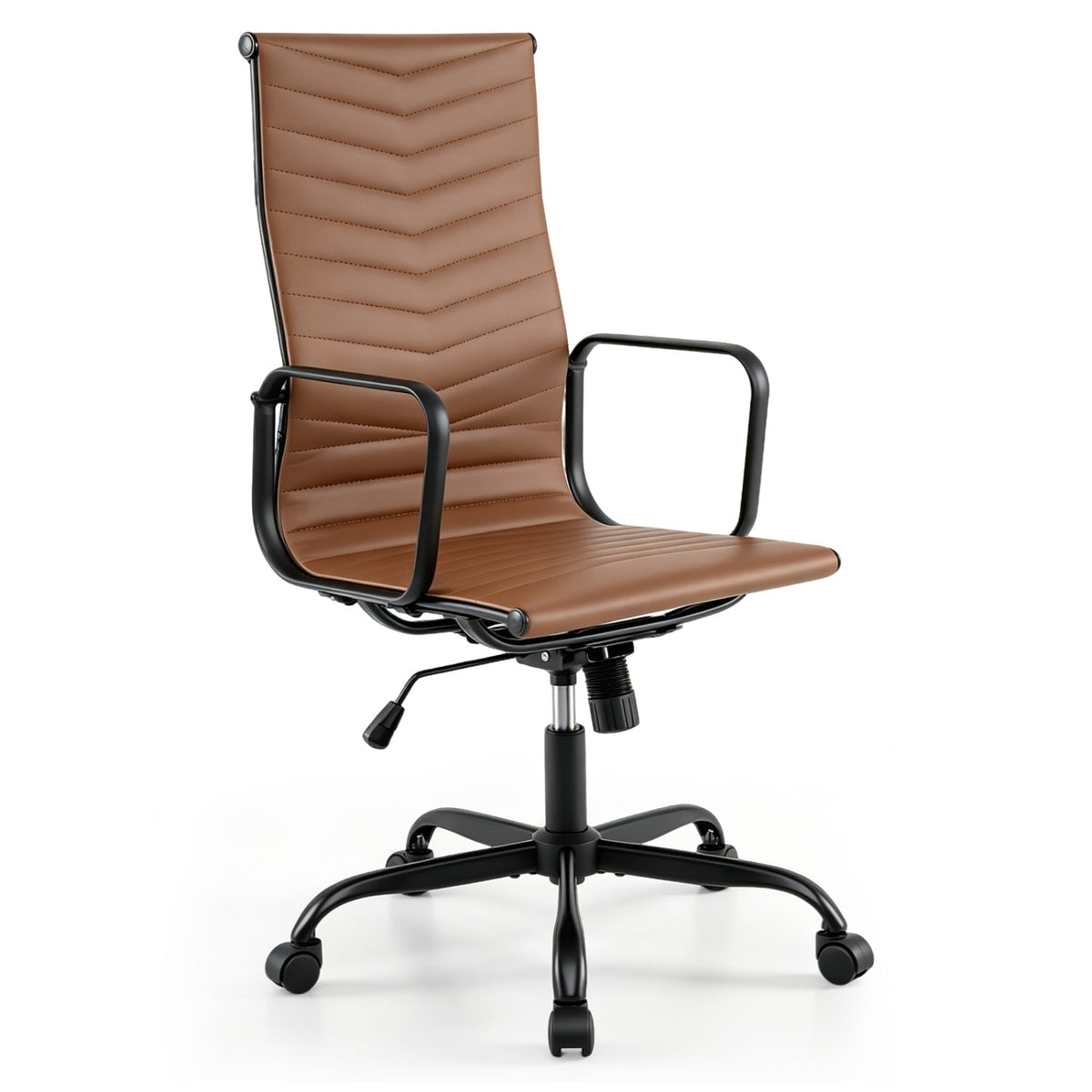 Ribbed Office Chair High Back PU Leather for Home Office with Adjustable Height-Brown-Office Chairs-DECOROLALA