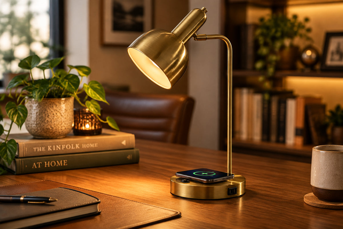 Rico Supercharger Desk Lamp - Qi Charging Antique Brass-Lighting-DECOROLALA
