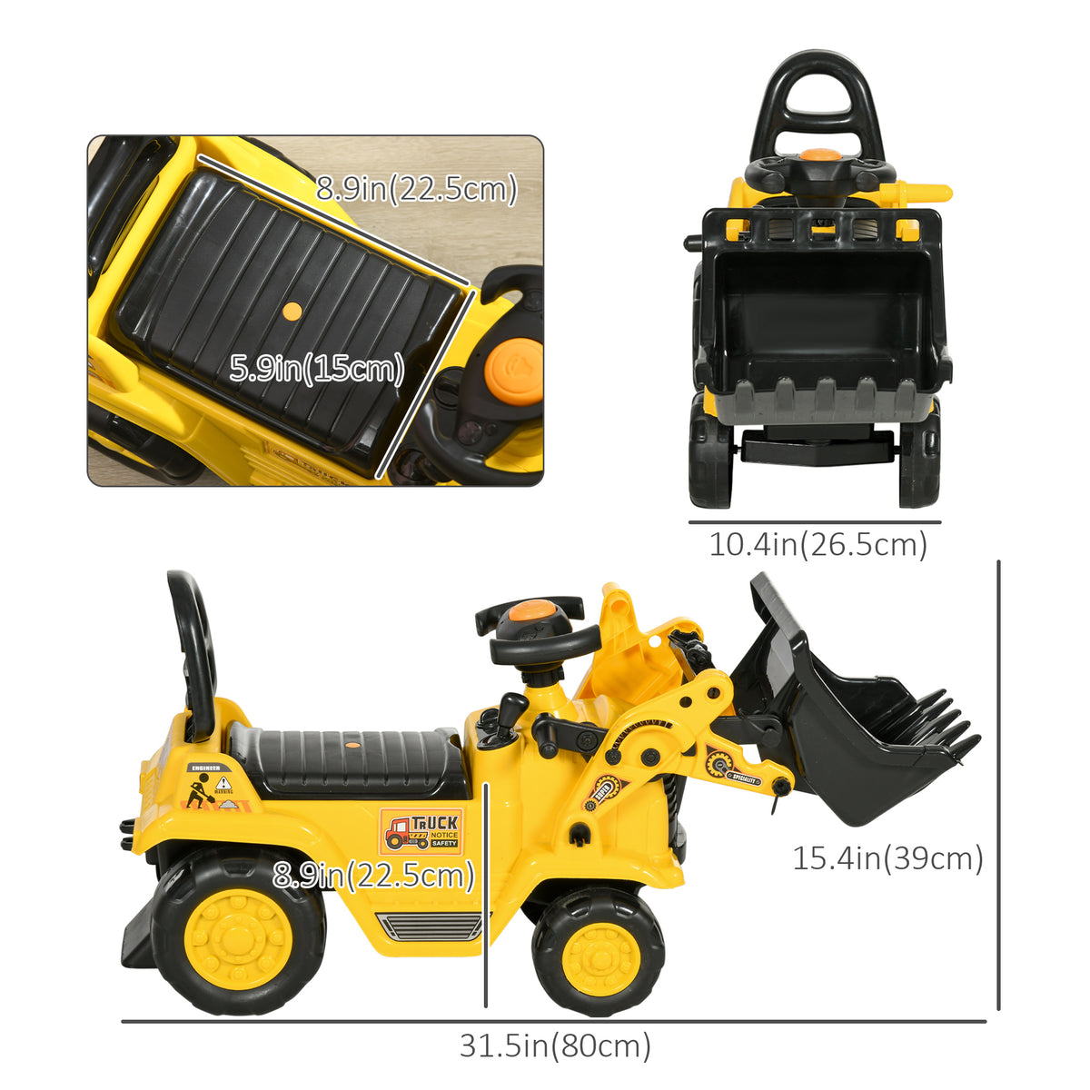 Ride-On Toy Bulldozer with Working Shovel and Storage - Yellow-Toys & Games > Baby & Toddler Toys > Riding & Rocking Toys > Toy Excavators-DECOROLALA